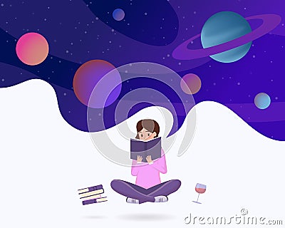 Immersed in reading metaphor vector illustration. Young girl in lotus pose enjoying sci fi literature, fantasy novel Vector Illustration