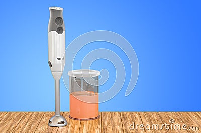 Immersion blender on the wooden table. 3D rendering Stock Photo