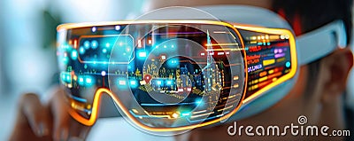 Immersive augmented reality glasses showing colorful digital interfaces, transporting the wearer to a futuristic digital world Stock Photo