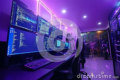 Immersive Coding Workspace MultiMonitor Setup with Purple Ambient Lighting Stock Photo