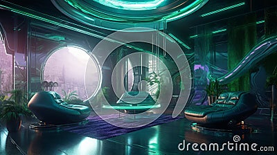 Stunning Futuristic Interiors: Green and Purple Shines with Award-Winning Desig Stock Photo