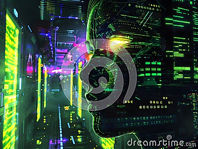 Immersive Cybernetic Nexus with Luminescent Data Conduits and Pulsing Bond Matrices Enabling Transhumanist Stock Photo
