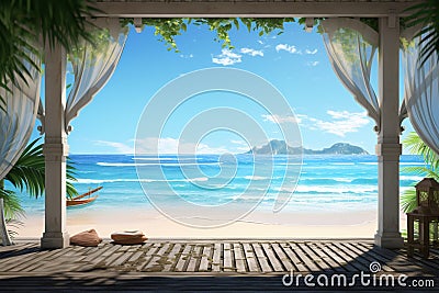 Immersive 3D gazebo by the ocean, tropical beachfront, tranquil seascape Stock Photo