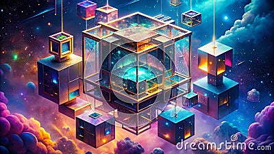 Immersive Isometric Admin Panel Design Explore a Surreal Dashboard with Floating Data Cubes and Glitch Effects Stock Photo