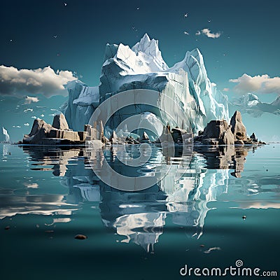 immersive isometric depiction of Antarctic iceberg floating in frigid waters, capturing unique texture, incorporating elements of Stock Photo