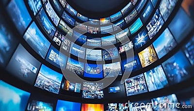 Immersive Multimedia Experience Dynamic Array of Video Streaming Displays Showcasing Content Stock Photo