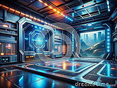 Immersive SciFi Game Menu Futuristic Architecture Dynamic HUD and Vibrant Neon Lighting for an Engaging Player Stock Photo