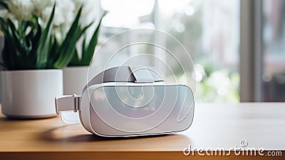 Immersive Technology: Modern VR Headset in Minimalist Living Room Stock Photo