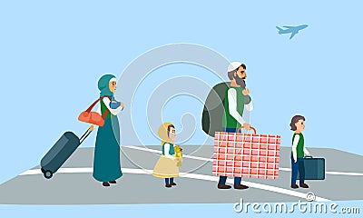 Immigrant family at airport concept banner, flat style Vector Illustration