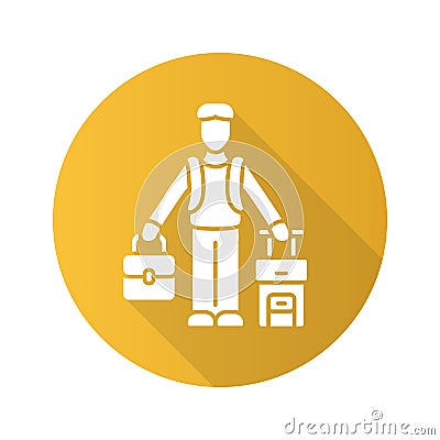 Immigrant man yellow flat design long shadow glyph icon. Refugee with suitcase, backpack. Travelling abroad. Solo trip Vector Illustration