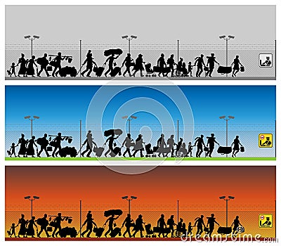 Immigrants silhouette in front of boundary wires Vector Illustration