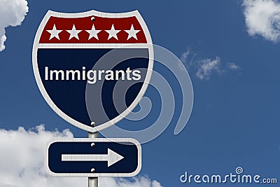 Immigrants this way sign Stock Photo