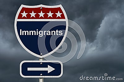 Immigrants this way sign Stock Photo