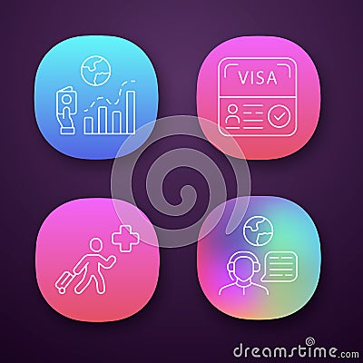 Immigration app icons set. Migration rate, start up visa. Humanitarian immigrant, travel consultant. Travelling abroad Vector Illustration