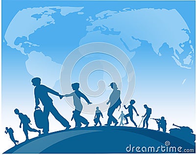 Immigration people walk under world map Vector Illustration