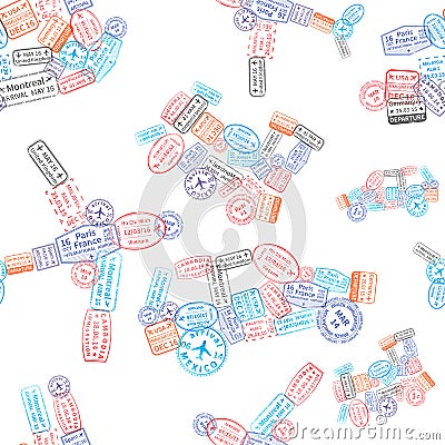 Immigration stamps arranged in car, plane, ship and train shape on white, seamless pattern Vector Illustration