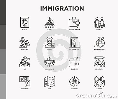 Immigration thin line icons set: immigrants, illegals, baggage examination, passport, international flights, customs, inspection, Vector Illustration