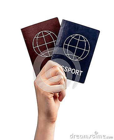 Immigration. Woman hand holding two passports isolated on white background. Multiple, dual nationality, change of Stock Photo