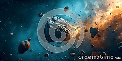 Imminent collision as colossal asteroids approach in outer space. Concept Asteroid Impact, Outer Stock Photo
