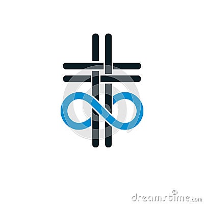 Immortal God conceptual symbol combined with infinity loop sign and Christian Cross. Vector Illustration