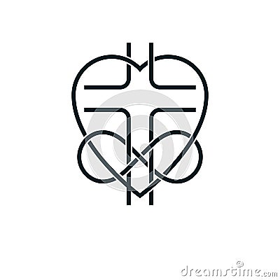 Immortal Love of God conceptual symbol combined with infinity loop sign and Christian Cross with hear. Vector Illustration