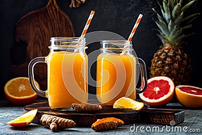 Immune boosting, anti inflammatory smoothie with orange, pineapple, turmeric. Detox morning juice drink Stock Photo