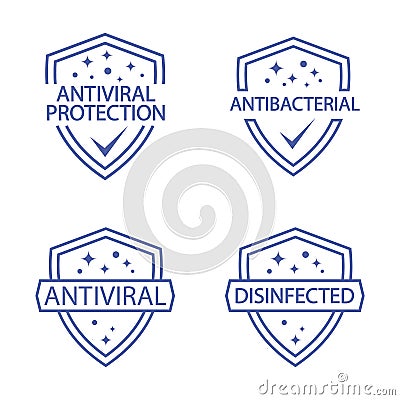 Immune guard. Antimicrobial resistant badges. Coronavirus protection shield. Antibacterial protection or immune system icons set. Vector Illustration