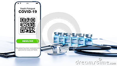 Immune passport. Coronavirus immunity certificate or vaccine passport on smartphone screen with doctor stethoscope, healthcare Stock Photo