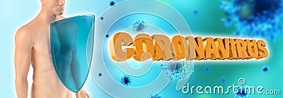 Immune system fights with Covid-19. Humans shield against the coronavirus. Immune defense fights with viruses. 3d rendering Stock Photo