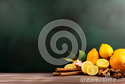 Immunity background with lemon, ginger, cinnamon, anise and mint, wooden table. Healthy products for Immunity boosting and cold Stock Photo