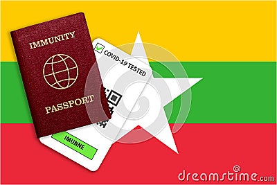 Immunity passport and test result for COVID-19 on flag of Myanmar Stock Photo