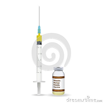 Immunization, Measles Mumps Rubella Vaccine Plastic Medical Syringe With Needle And Vial Isolated On A White Background Vector Illustration