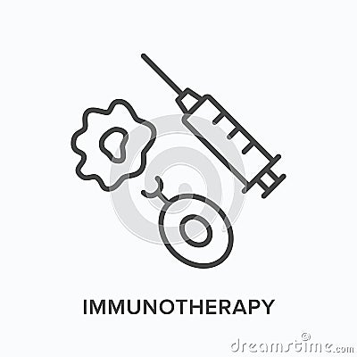 Immunotherapy flat line icon. Vector outline illustration of syringe and immunoglobulin. Black thin linear pictogram for Vector Illustration