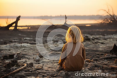 The impact of climate change through a concept of drought. Lone child sitting on a drying river bank. Stock Photo