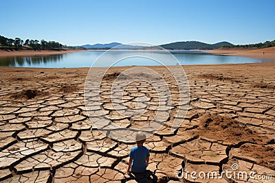 The impact of climate change through a concept of drought. Lone child sitting on a drying river bank. Stock Photo