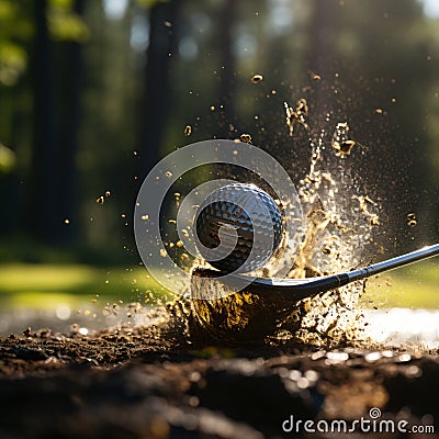 impact golf ball after a hit with the golf club causes waster and dirt spikes in a puddle which symbolizes speed, Stock Photo