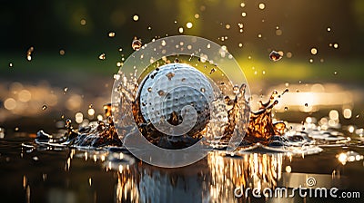 impact golf ball after a hit with the golf club causes waster and dirt spikes in a puddle which symbolizes speed, Stock Photo
