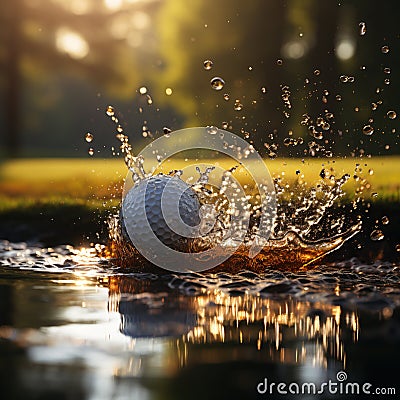 impact golf ball after a hit with the golf club causes waster and dirt spikes in a puddle which symbolizes speed, Stock Photo