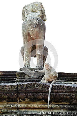 Monkey statue in Angkor with marmoset Stock Photo