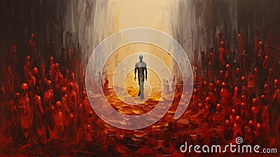 Impasto Oil Painting: Dramatic Red Arena With A Standing Man Stock Photo