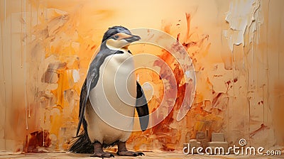 Impasto Penguin Painting On Soft Beige Background Stock Photo
