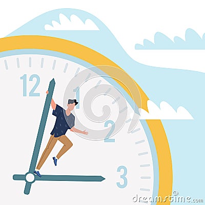 Impatience and haste. Time management. Man riding on timepiece dial arrow. Planning deadlines and appointments. Punctual Vector Illustration