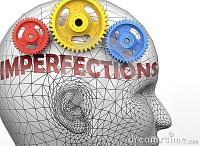 Imperfections and human mind - pictured as word Imperfections inside a head to symbolize relation between Imperfections and the Cartoon Illustration