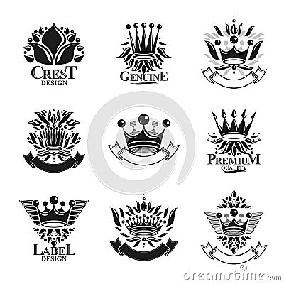 Imperial Crowns emblems set. Heraldic Coat of Arms, vintage vector logos collection. Vector Illustration