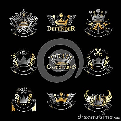 Imperial Crowns emblems set. Heraldic Coat of Arms, vintage vector logos collection. Vector Illustration