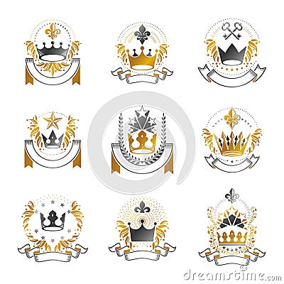 Imperial Crowns emblems set. Heraldic Coat of Arms, vintage vector logos collection. Vector Illustration