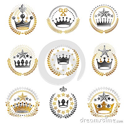 Imperial Crowns emblems set. Heraldic Coat of Arms, vintage vector logos collection. Vector Illustration