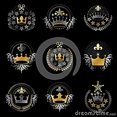 Imperial Crowns emblems set. Heraldic Coat of Arms, vintage vector logos collection. Vector Illustration