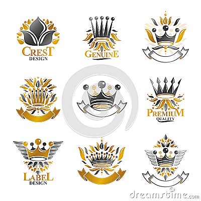 Imperial Crowns emblems set. Heraldic Coat of Arms, vintage vector logos collection. Vector Illustration