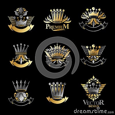 Imperial Crowns emblems set. Heraldic Coat of Arms, vintage vector logos collection. Vector Illustration